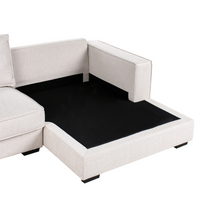 Divano 2 posti ad angolo con schienale in tessuto imbottito e cuscini beige chiaro lato sinistro stile moderno