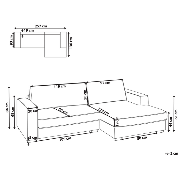 Divano 2 posti ad angolo con schienale in tessuto imbottito e cuscini beige chiaro lato sinistro stile moderno