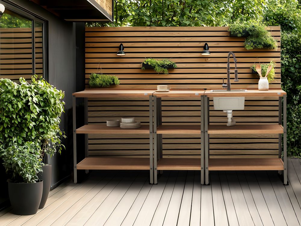 Isola da cucina per esterni marrone e nera con lavello in legno d'acacia 2 ripiani con top 50 x 80 x 92 cm Giardino Cucina Pranzo