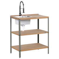 Isola da cucina per esterni marrone e nera con lavello in legno d'acacia 2 ripiani con top 50 x 80 x 92 cm Giardino Cucina Pranzo