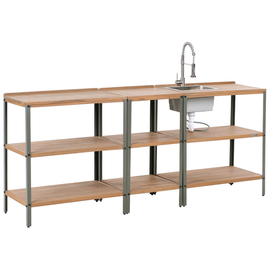 Cucina da esterno 3 elementi in legno di acacia con lavello e rubinetto in acciaio inox in legno massiccio marrone