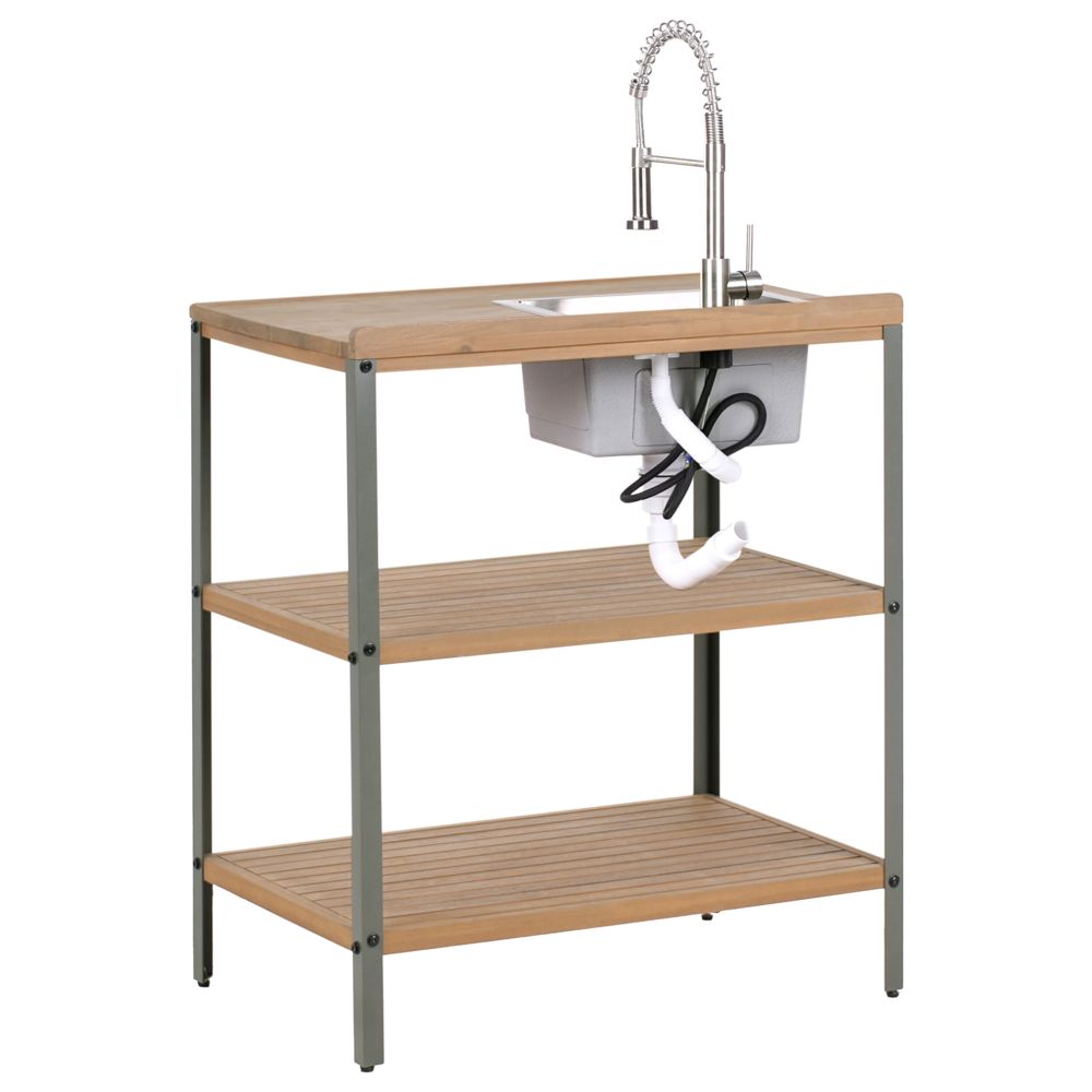 Cucina da esterno 3 elementi in legno di acacia con lavello e rubinetto in acciaio inox in legno massiccio marrone