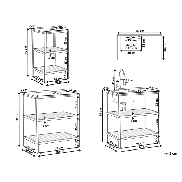 Cucina da esterno 3 elementi in legno di acacia con lavello e rubinetto in acciaio inox in legno massiccio marrone