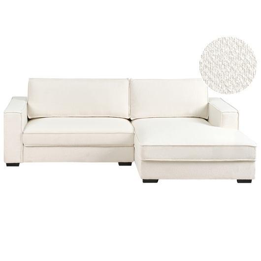 Divano 2 posti ad angolo con schienale in tessuto imbottito e cuscini bianco sporco lato sinistro stile moderno