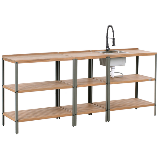 Cucina da esterno 3 elementi in legno di acacia con lavello e rubinetto in acciaio inox in legno massiccio marrone e nero