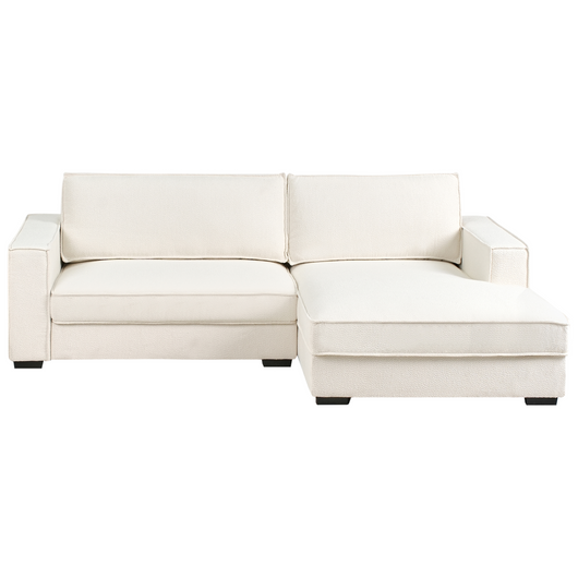 Divano 2 posti ad angolo con schienale in tessuto imbottito e cuscini bianco sporco lato sinistro stile moderno