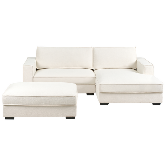 Divano 3 posti ad angolo con schienale in tessuto imbottito e cuscini bianco sporco lato sinistro stile moderno