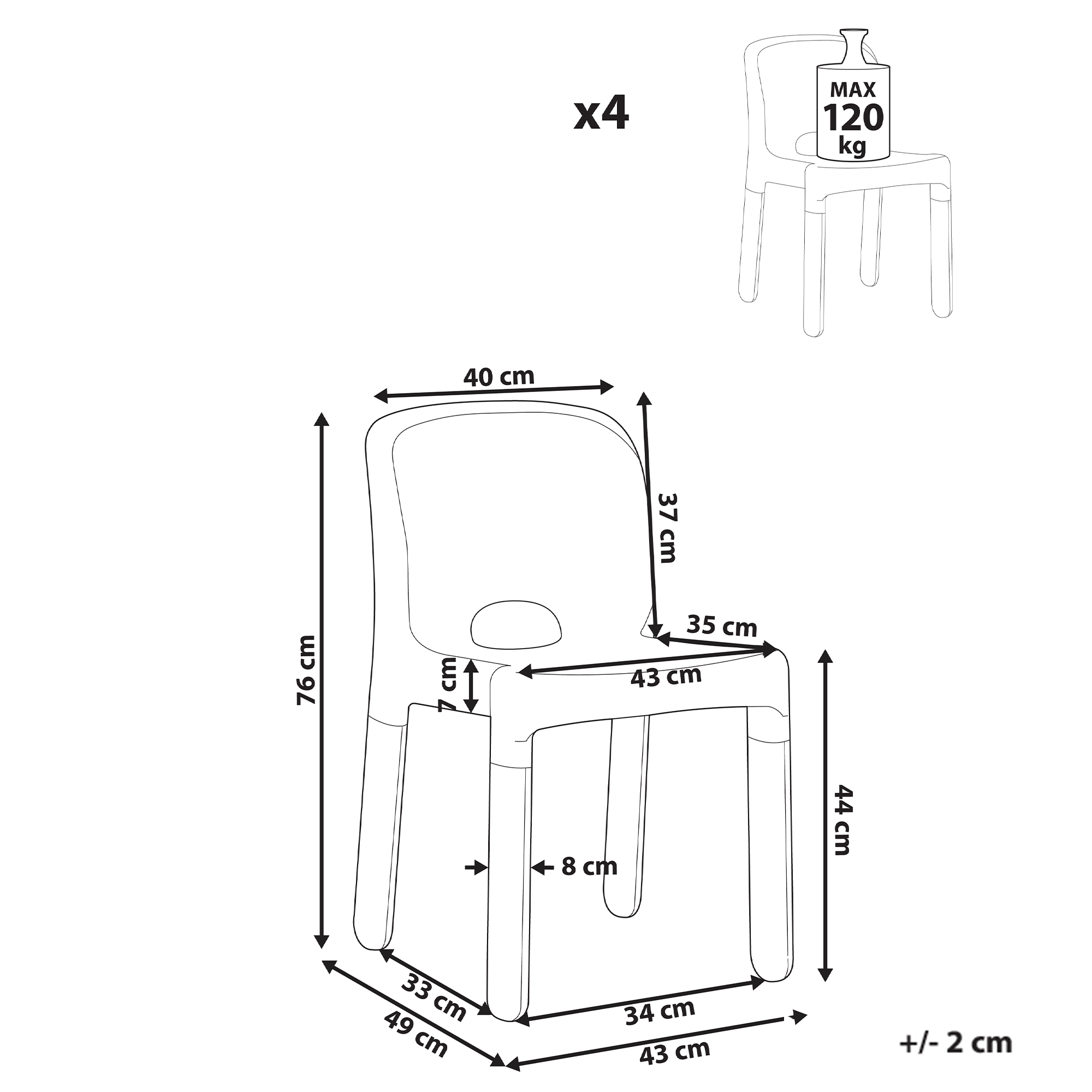 Set di 4 sedie da pranzo in plastica per interni e per esterni senza braccioli impilabili nero stile minimalista