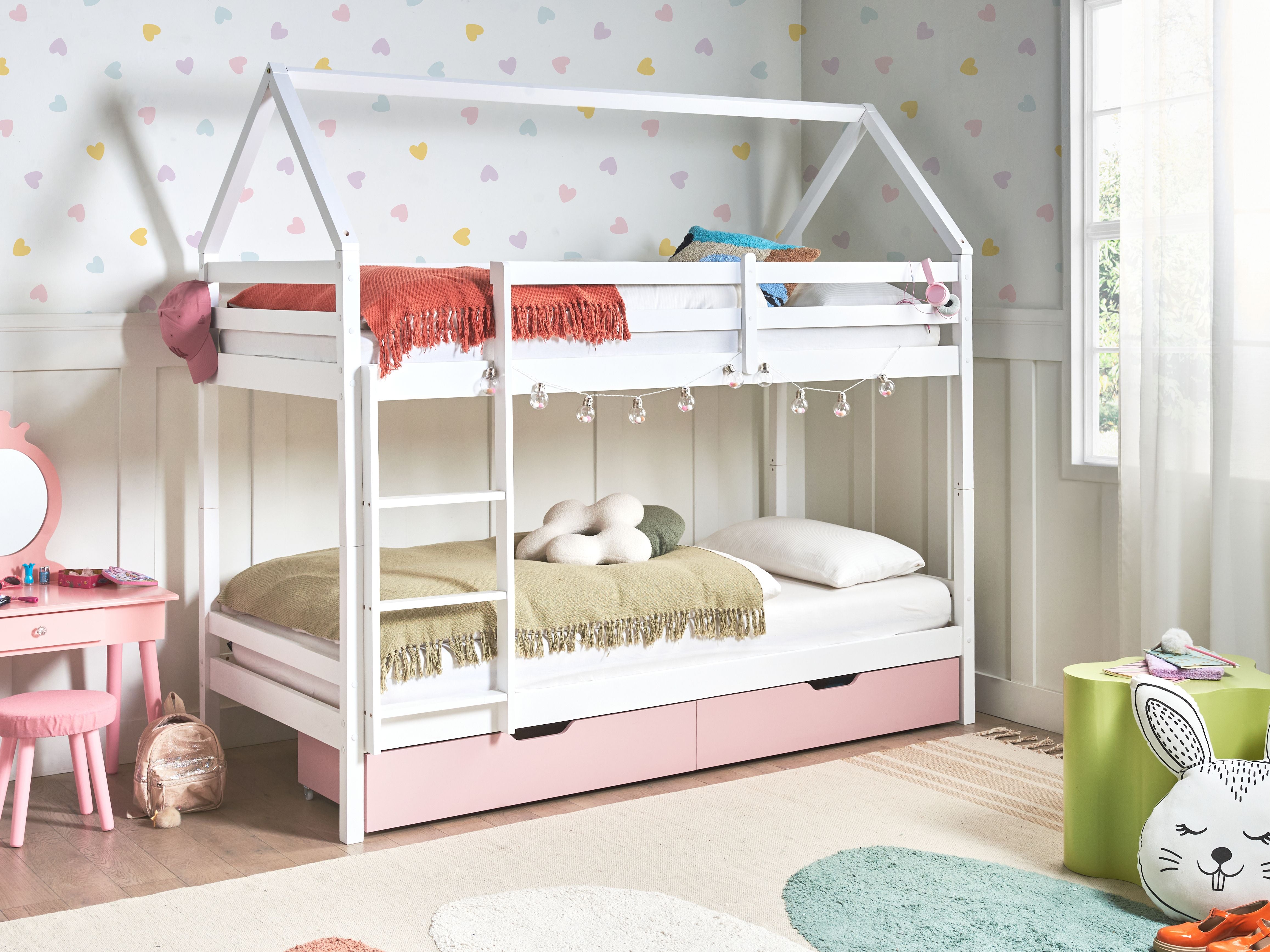 Letto a castello in legno di pino con cassetti bianchi e rosa 90 x 200 cm cameretta bambini