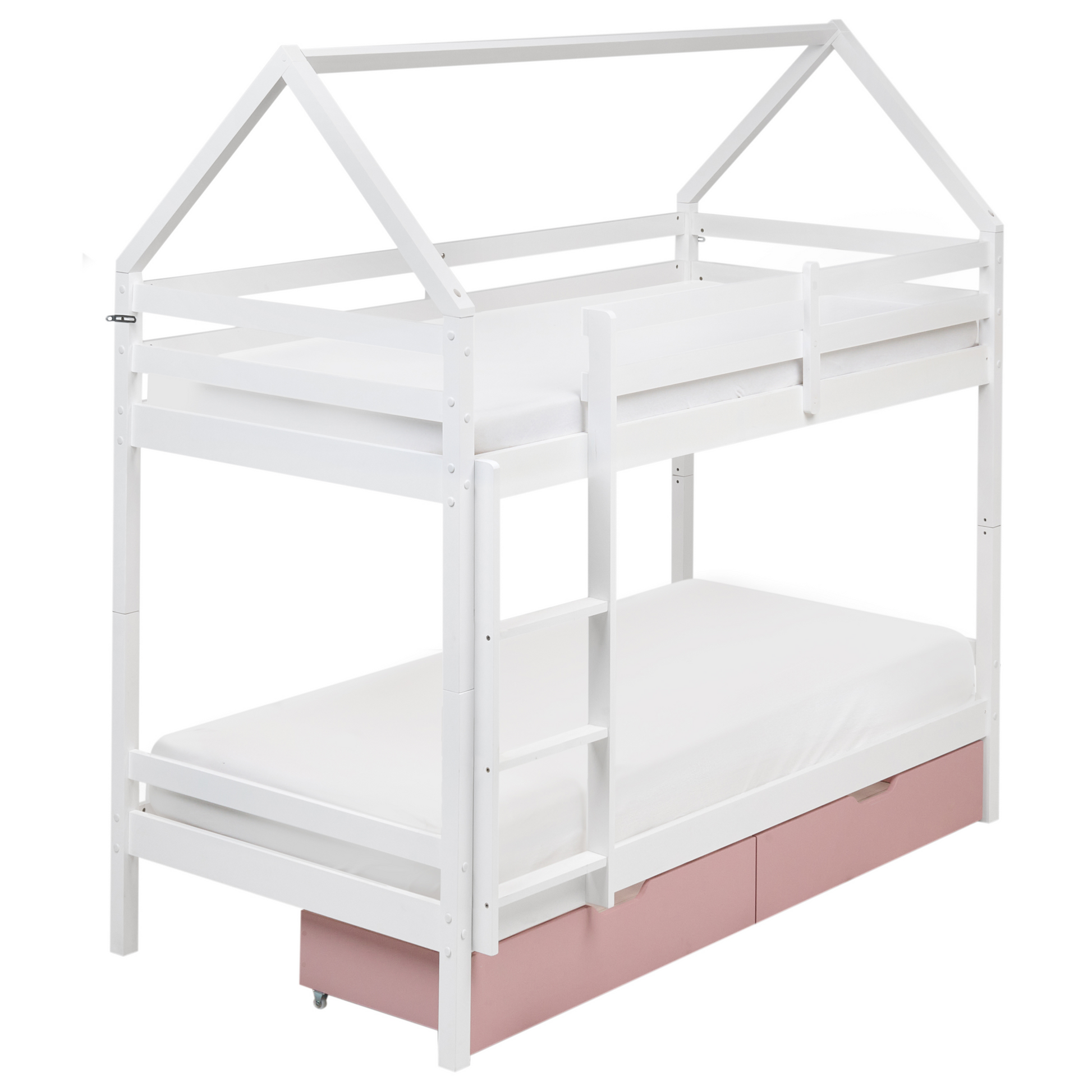Letto a castello in legno di pino con cassetti bianchi e rosa 90 x 200 cm cameretta bambini
