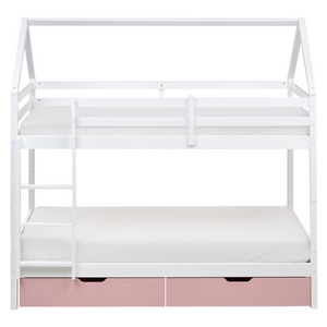 Letto a castello in legno di pino con cassetti bianchi e rosa 90 x 200 cm cameretta bambini