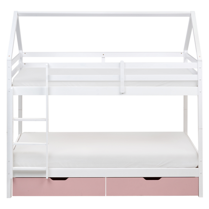 Letto a castello in legno di pino con cassetti bianchi e rosa 90 x 200 cm cameretta bambini