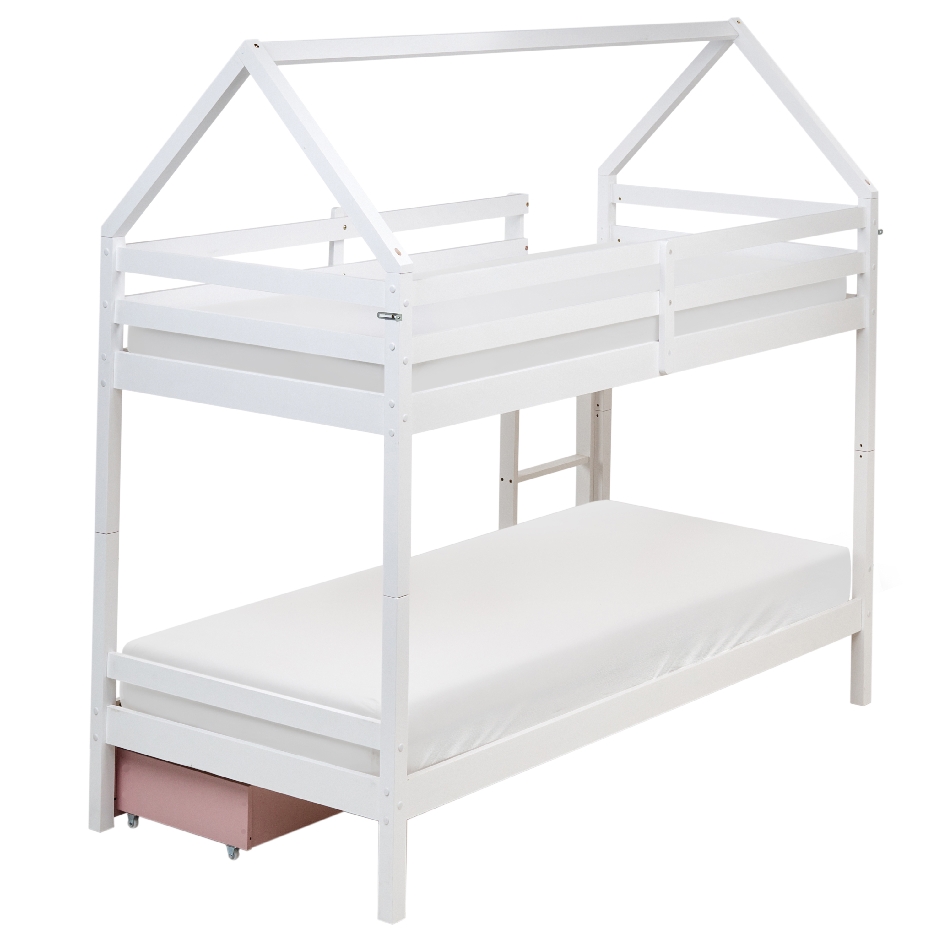 Letto a castello in legno di pino con cassetti bianchi e rosa 90 x 200 cm cameretta bambini