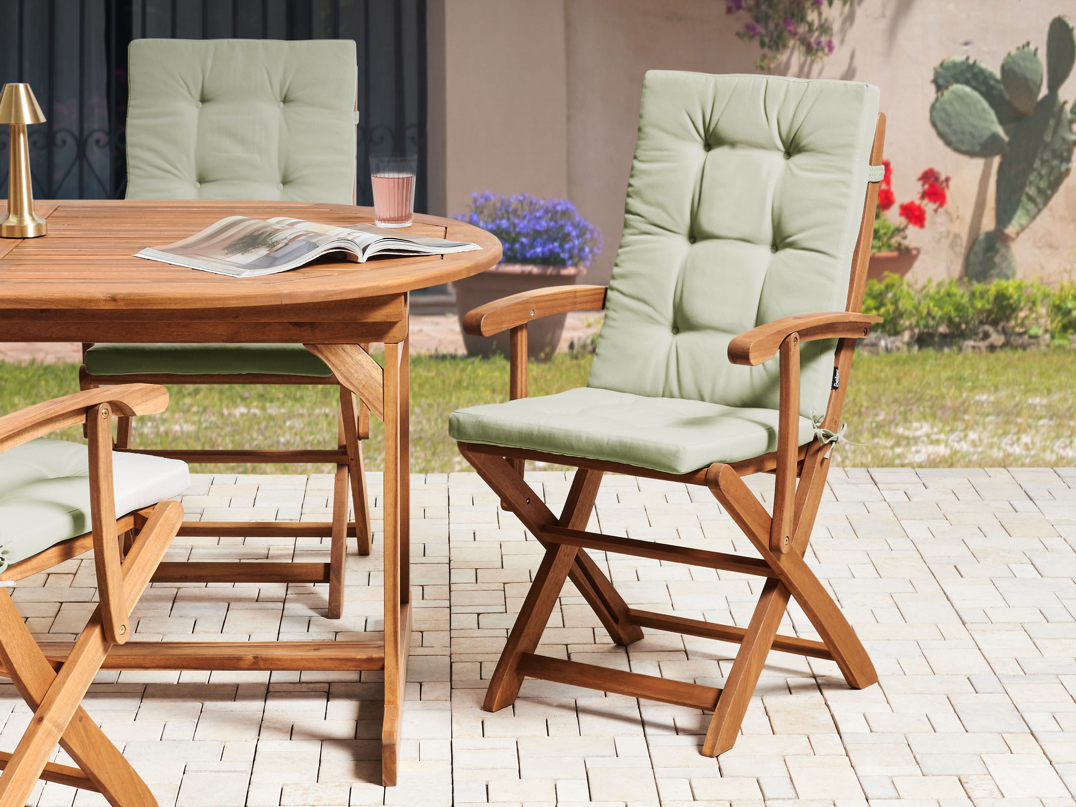Set di 2 cuscini per sedute e schienale da esterno con lacci verde chiaro stile elegante giardino