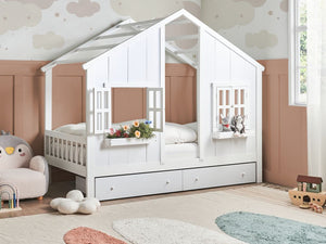 Letto in legno di pino per bambini a forma di casa con cassetti bianchi 90 x 200 cm cameretta