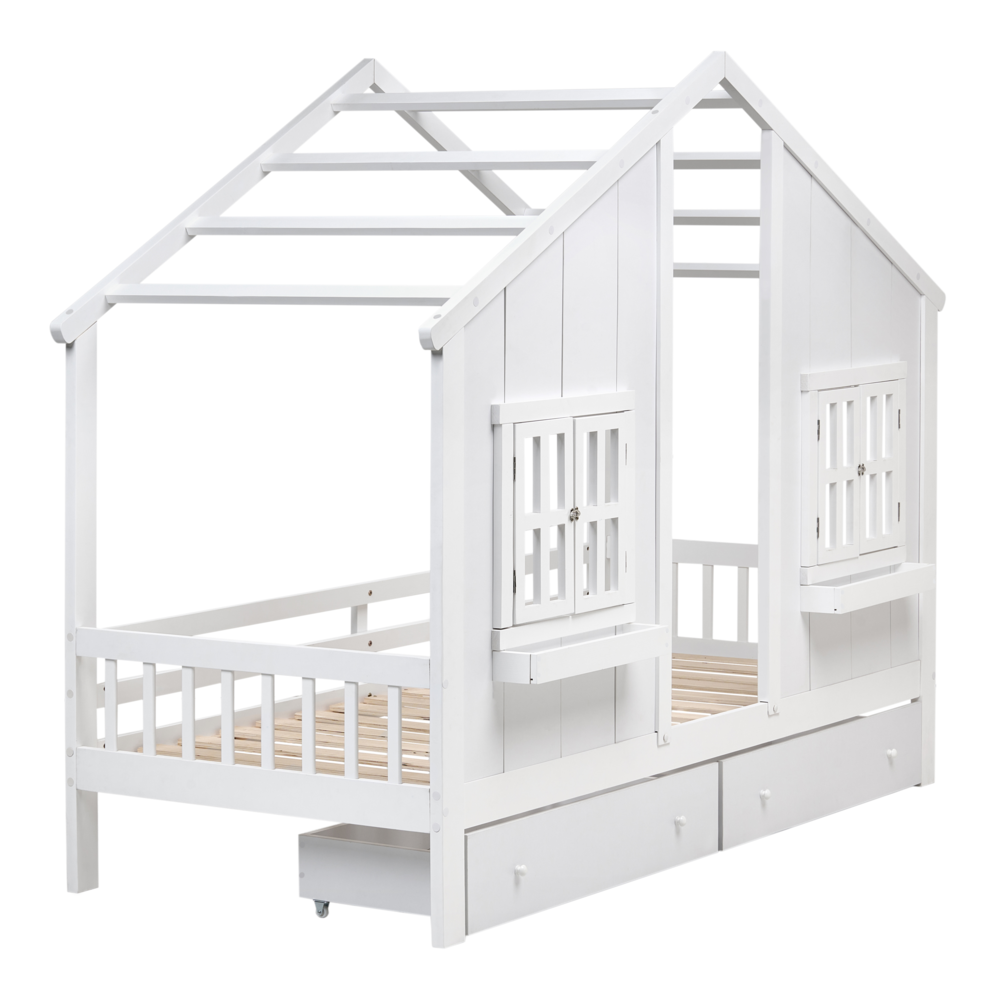 Letto in legno di pino per bambini a forma di casa con cassetti bianchi 90 x 200 cm cameretta