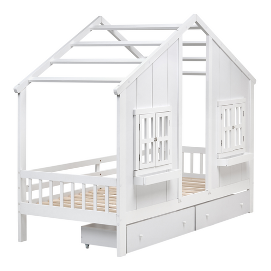Letto in legno di pino per bambini a forma di casa con cassetti bianchi 90 x 200 cm cameretta