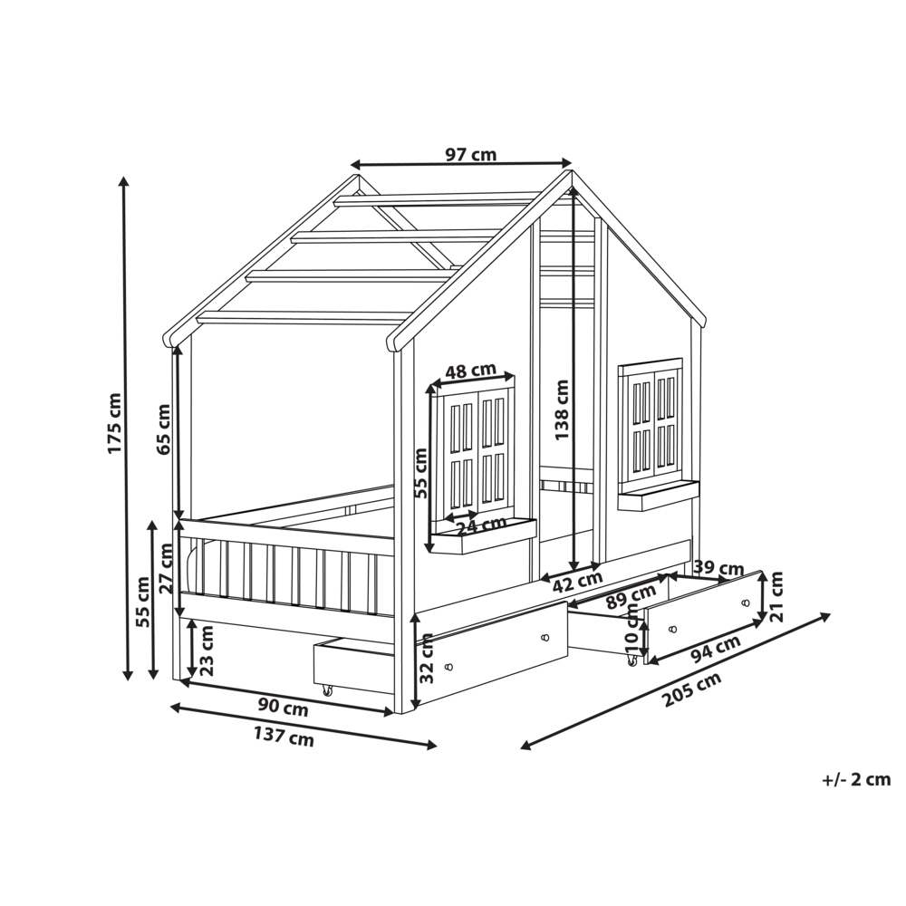 Letto in legno di pino per bambini a forma di casa con cassetti bianchi 90 x 200 cm cameretta