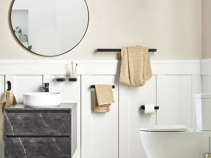 Set di 6 accessori da bagno in alluminio e vetro finitura opaca nera