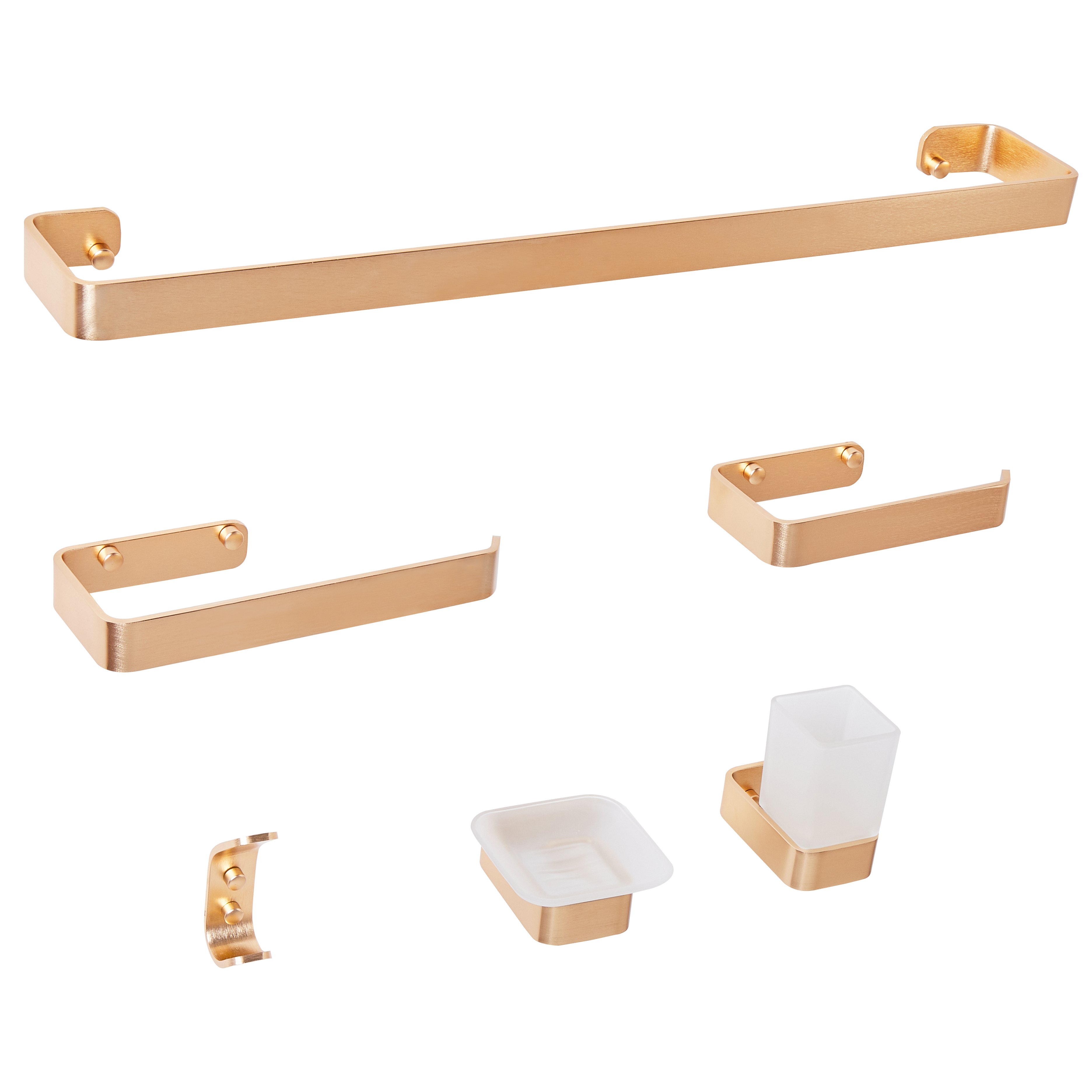 Set di 6 accessori da bagno in alluminio e vetro finitura opaca oro