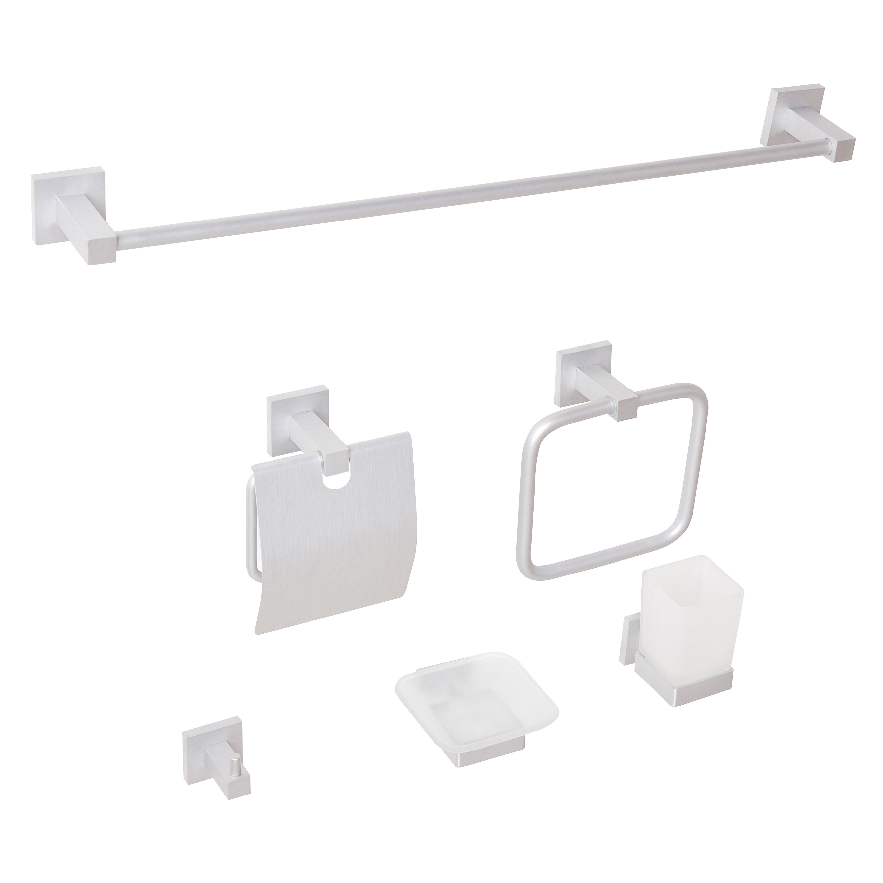 Set di 6 accessori per il bagno in alluminio argento opaco con bicchiere e portasapone inclusi Accessori per il bagno moderno classico