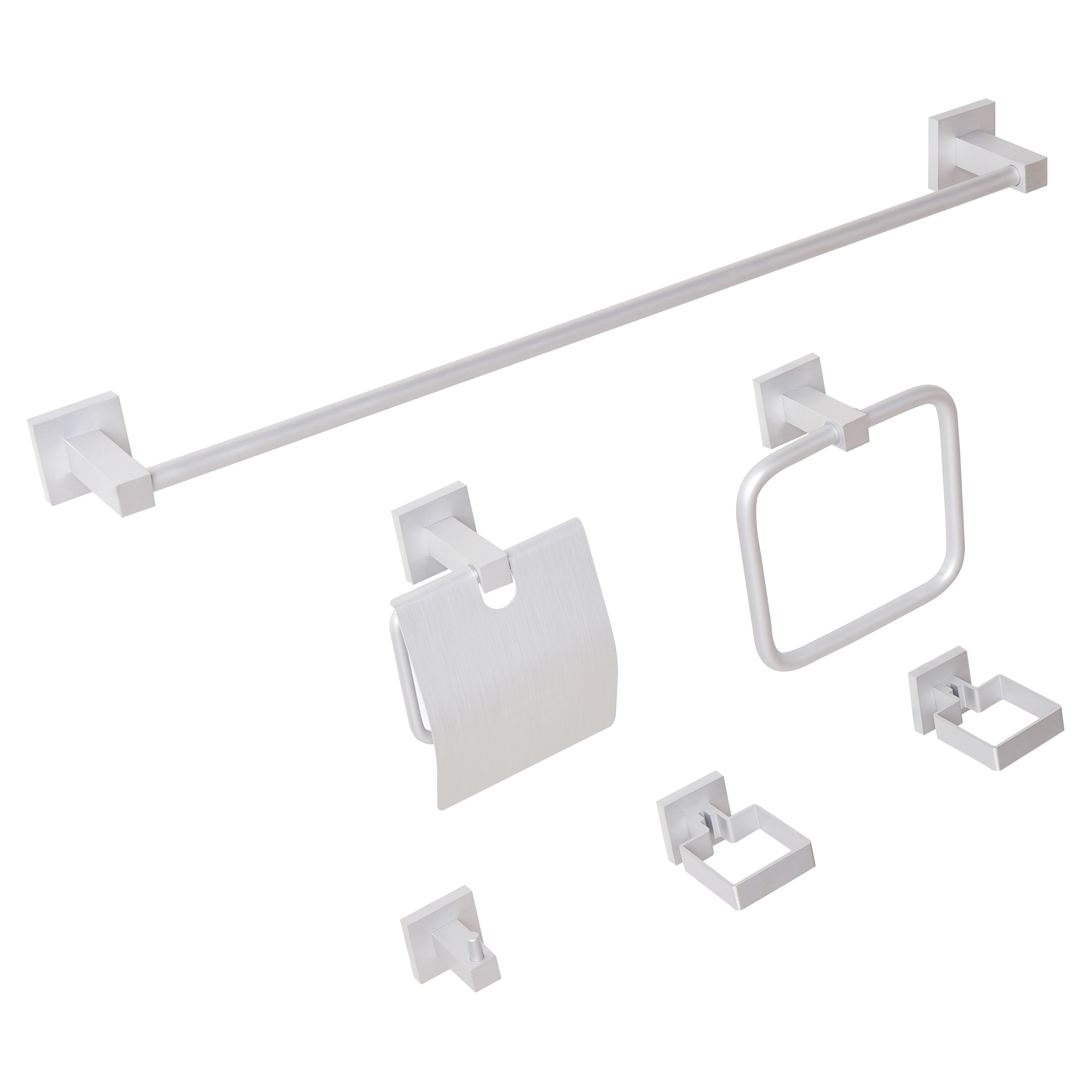 Set di 6 accessori per il bagno in alluminio argento opaco con bicchiere e portasapone inclusi Accessori per il bagno moderno classico