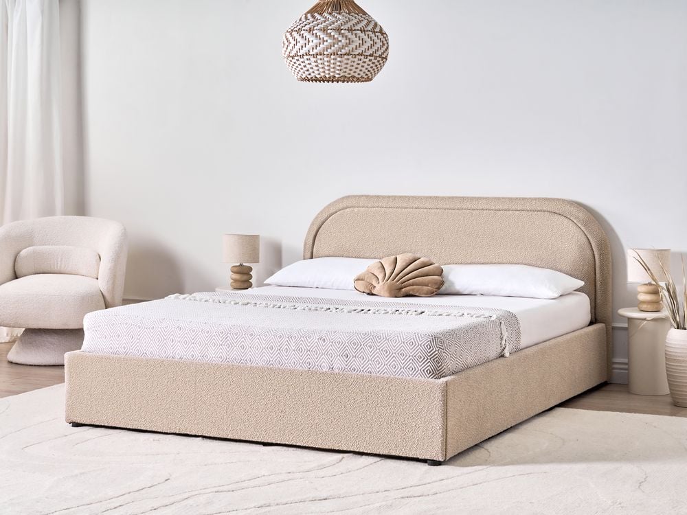 Letto moderno con contenitore e testata imbottita in bouclé beige chiaro 160 x 200 cm