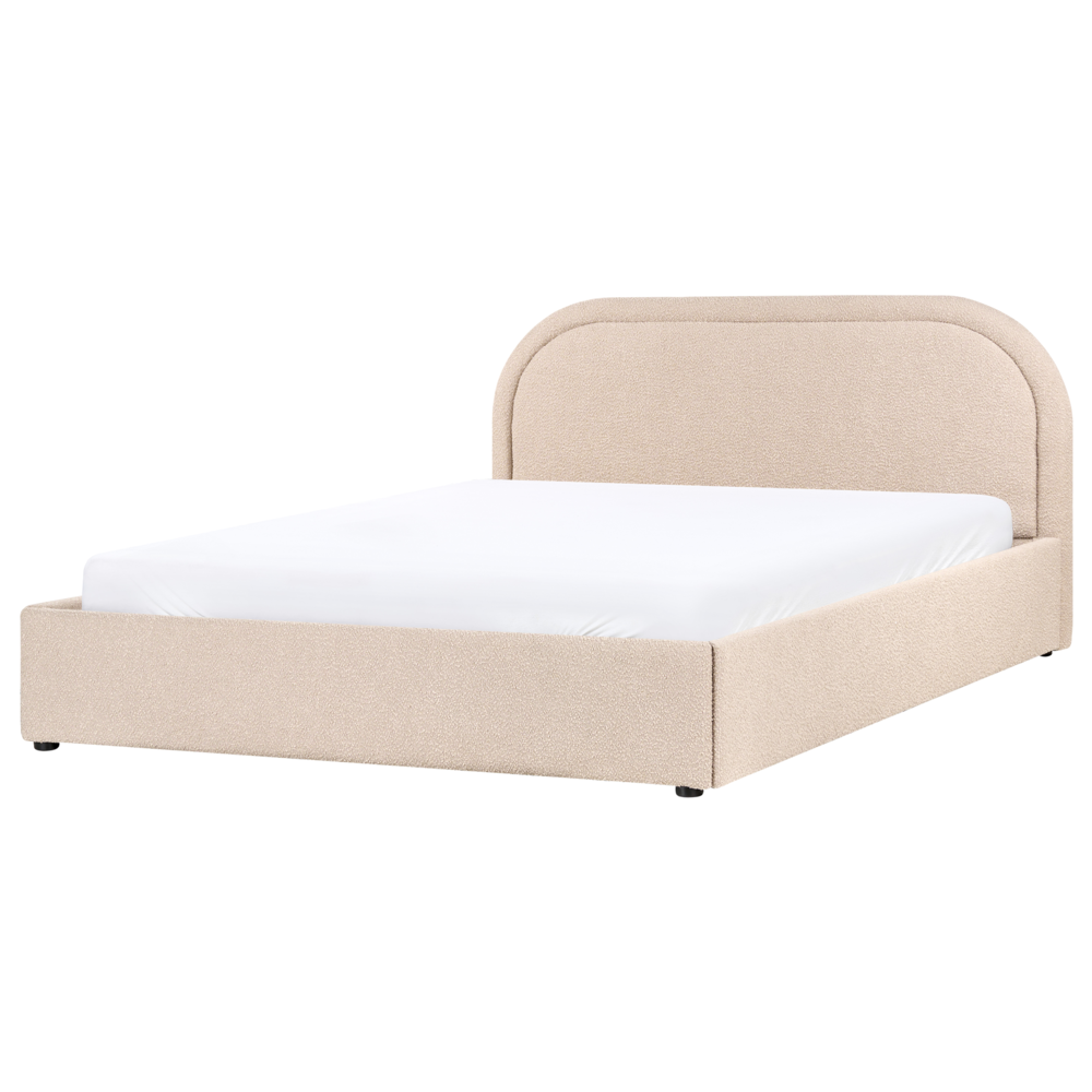 Letto moderno con contenitore e testata imbottita in bouclé beige chiaro 160 x 200 cm