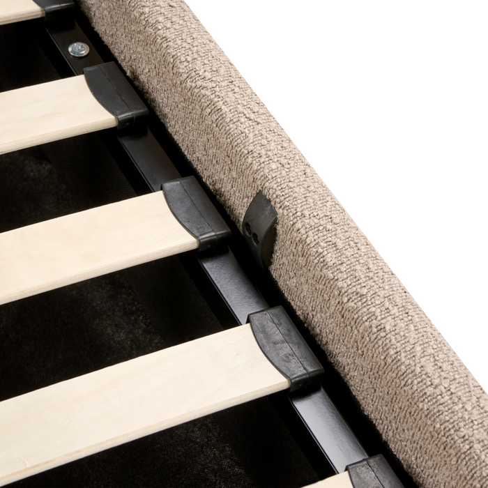 Letto moderno con contenitore e testata imbottita in bouclé beige chiaro 160 x 200 cm