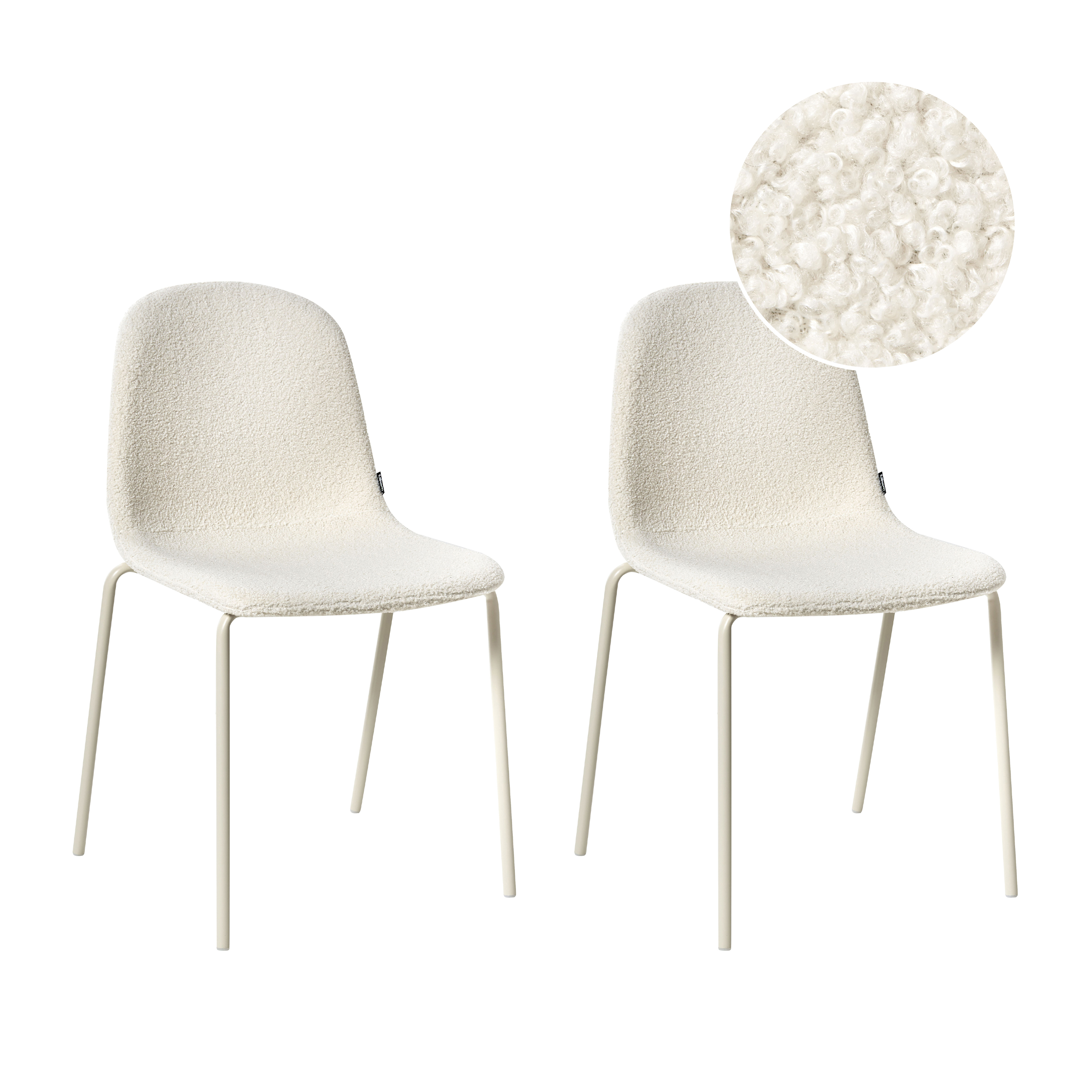 Set di 2 sedie da conferenza con rivestimento in bouclé bianco sporco e gambe in ferro, impilabili.
