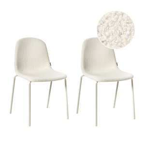 Set di 2 sedie da conferenza con rivestimento in bouclé bianco sporco e gambe in ferro, impilabili.