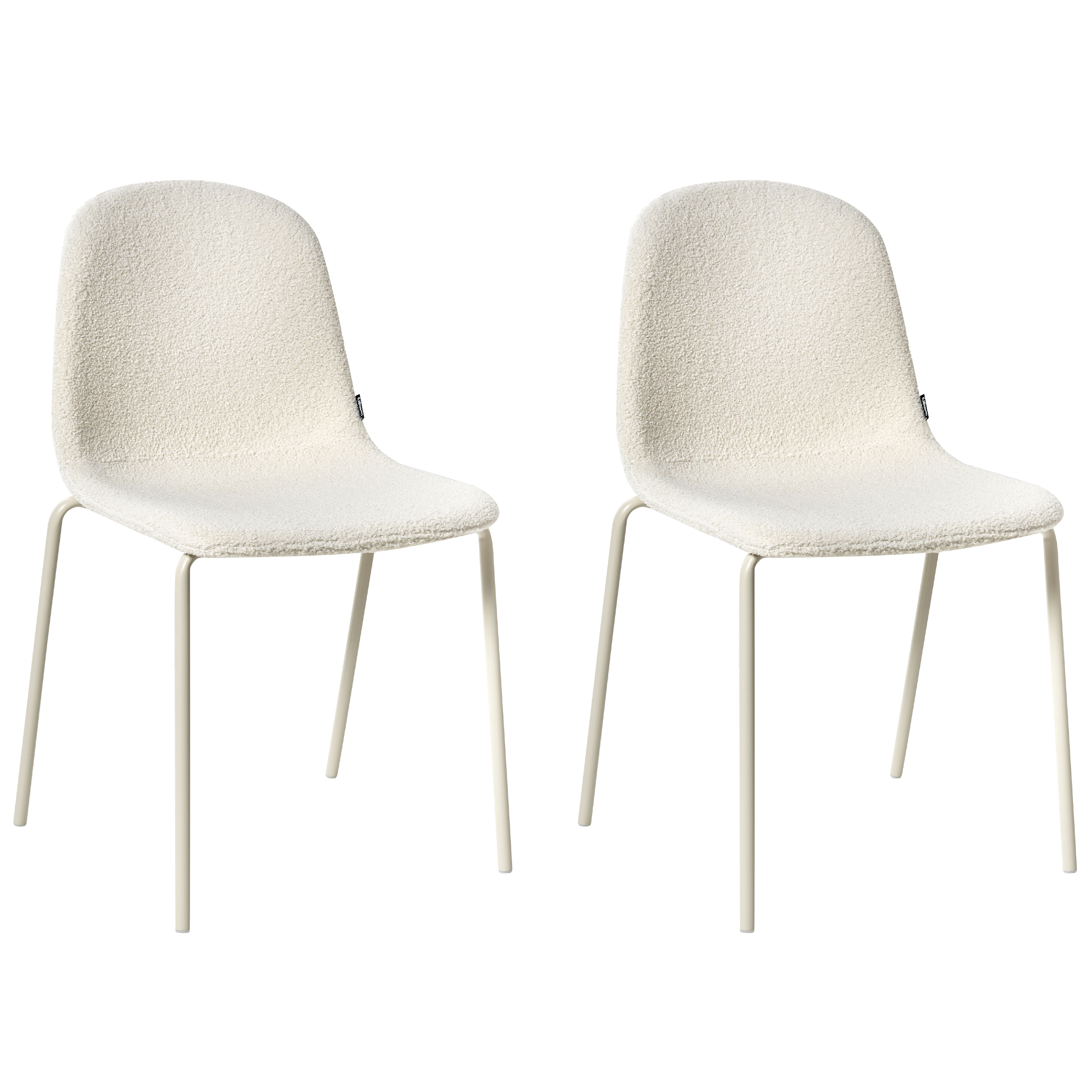 Set di 2 sedie da conferenza con rivestimento in bouclé bianco sporco e gambe in ferro, impilabili.