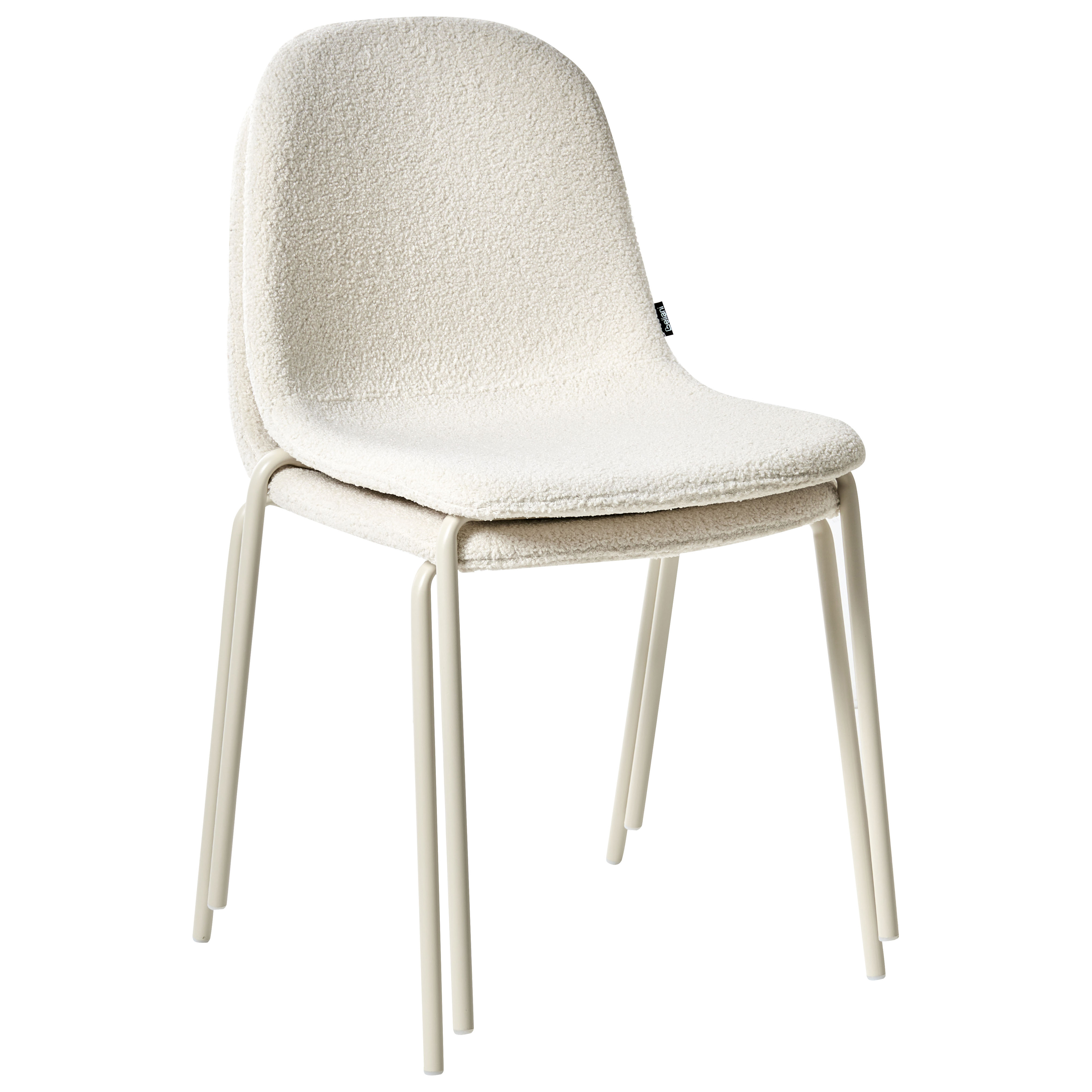 Set di 2 sedie da conferenza con rivestimento in bouclé bianco sporco e gambe in ferro, impilabili.