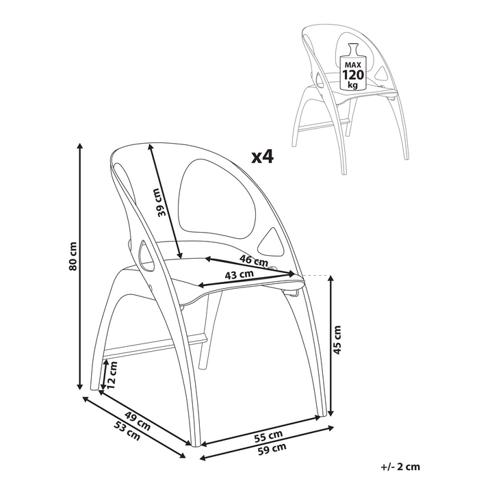 Set di 4 sedie da giardino in polipropilene nero plastica leggera e resistente agli agenti atmosferici per interni e per esterni.