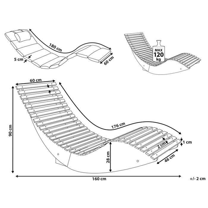 Lettino prendisole in legno di acacia Cuscino grigio a doghe Design a dondolo Forma curva