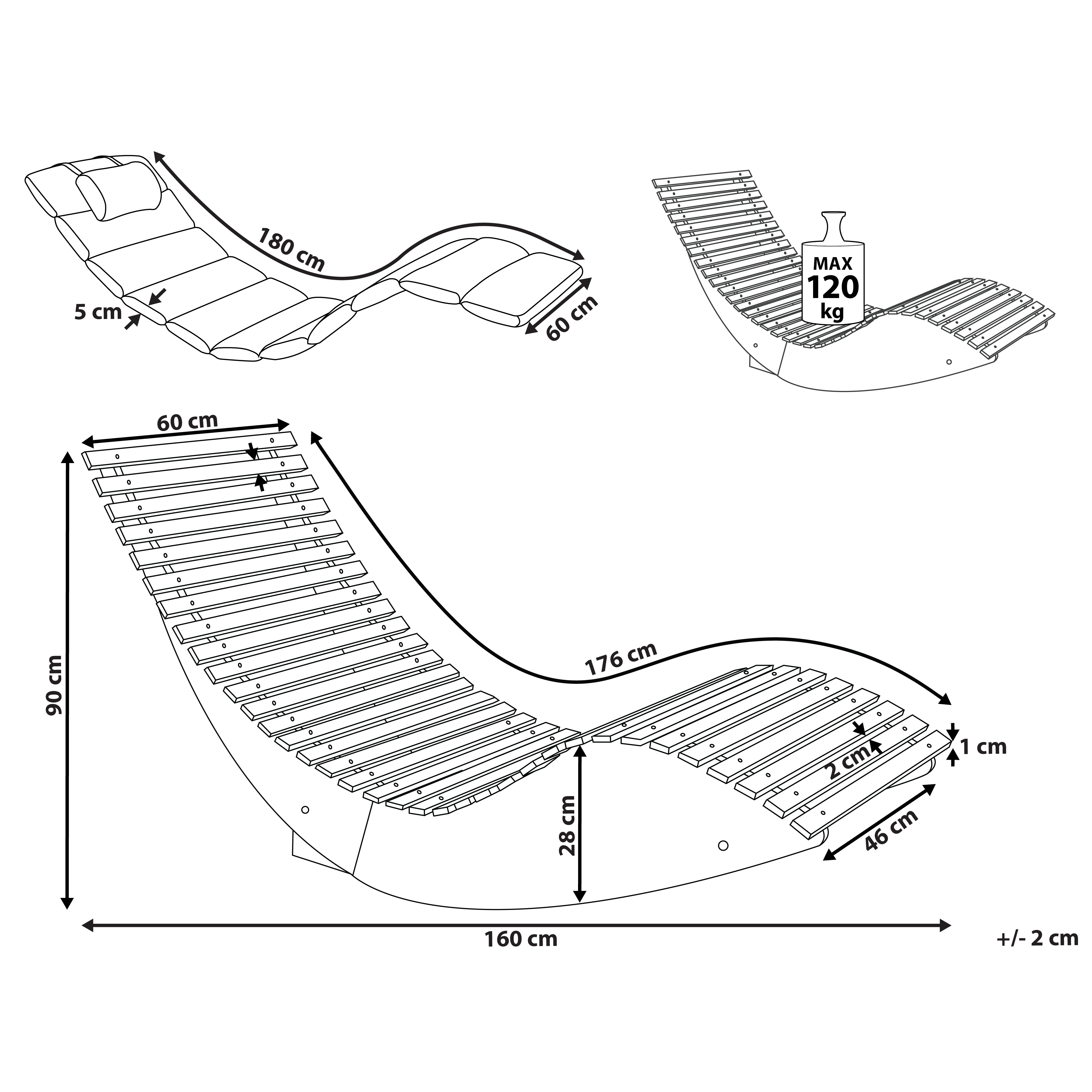 Lettino prendisole in legno di acacia Cuscino tortora a doghe Design a dondolo Forma curva