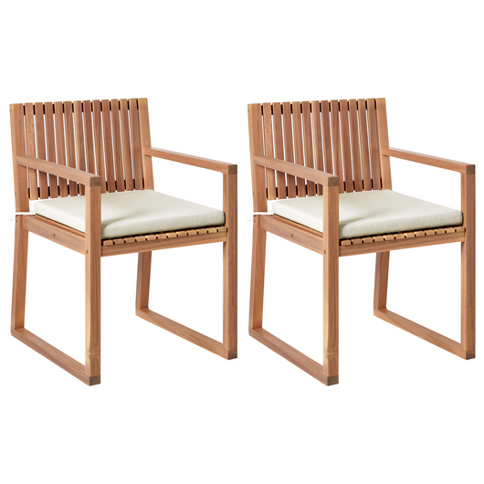 Set di 2 sedie da pranzo da giardino per esterni in legno d'acacia con cuscini beige chiaro resistente agli agenti atmosferici dal design classico