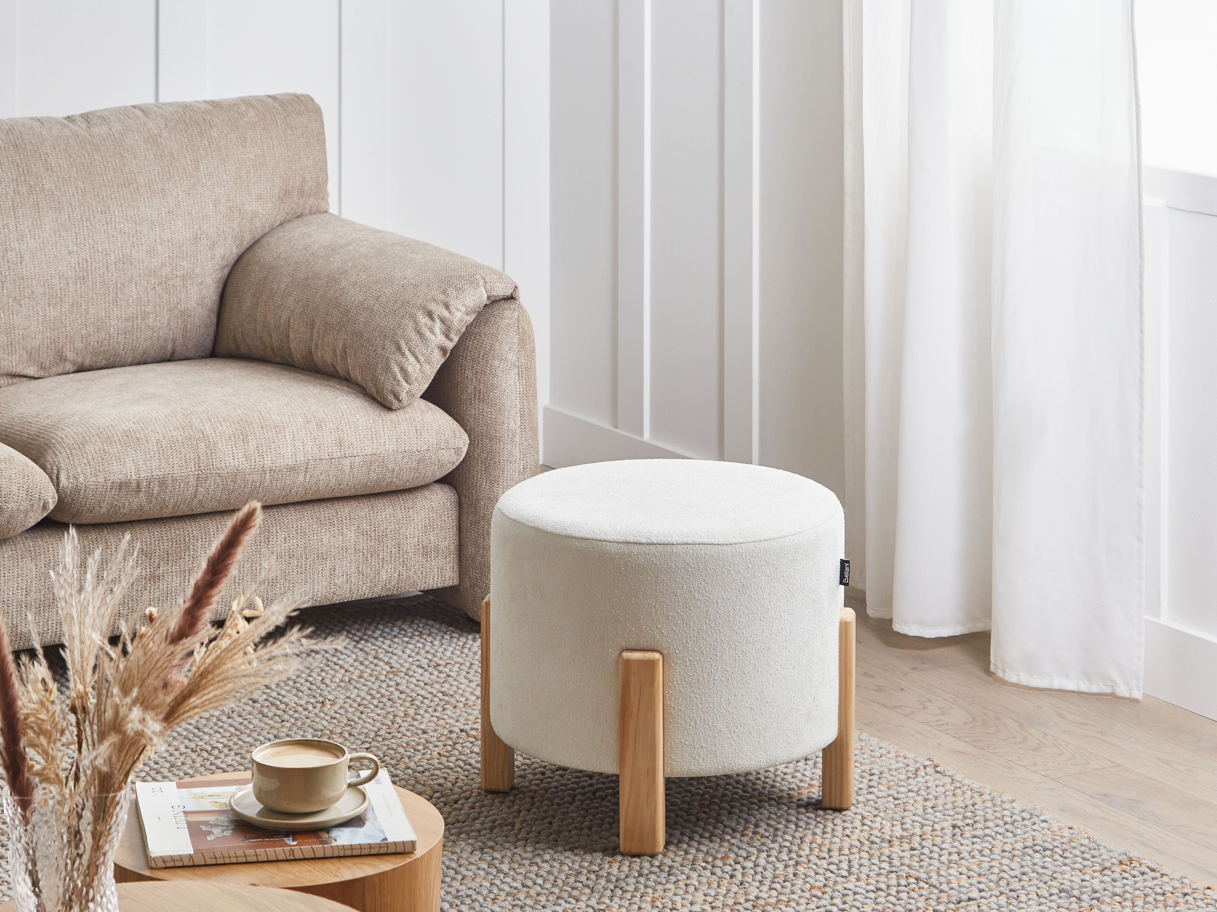 Pouf Bianco sporco in ciniglia Seduta imbottita Gambe tonde in legno