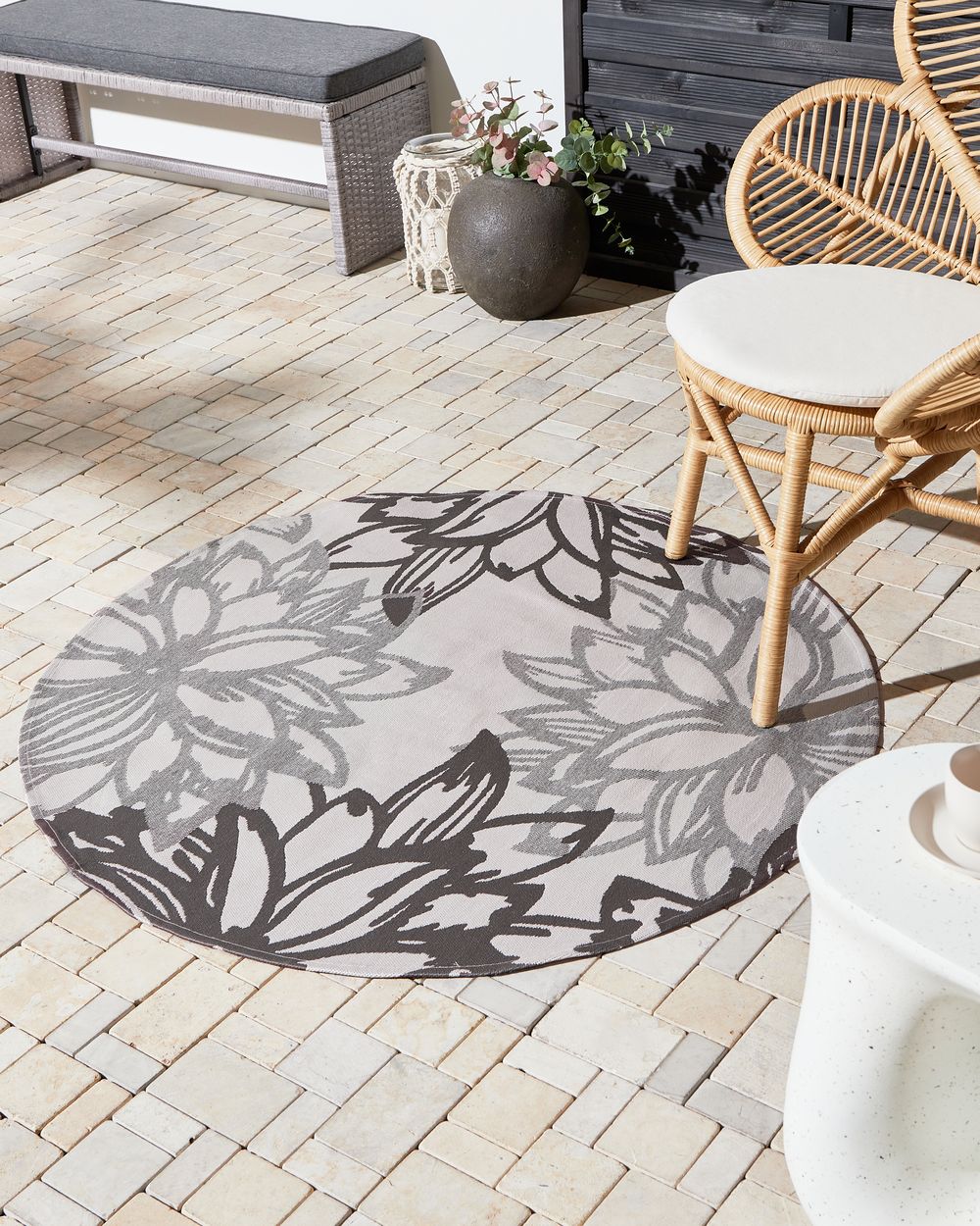 Tappeto rotondo moderno per interni e per esterni con motivo floreale 120 cm Grigio moderno balcone patio
