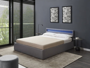 Letto matrimoniale in tedduto grigio scuro con LED 160 x 200 cm con contenitore e ottomana con doghe in legno