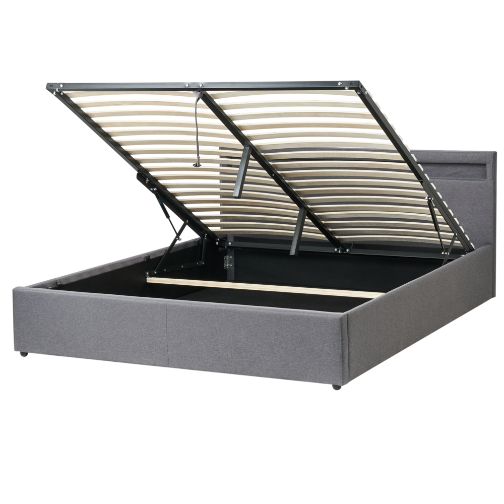 Letto matrimoniale in tedduto grigio scuro con LED 160 x 200 cm con contenitore e ottomana con doghe in legno