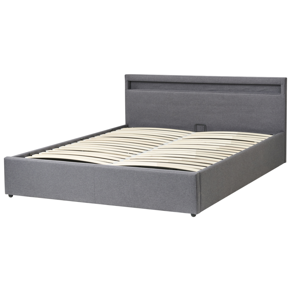 Letto matrimoniale in tedduto grigio scuro con LED 160 x 200 cm con contenitore e ottomana con doghe in legno