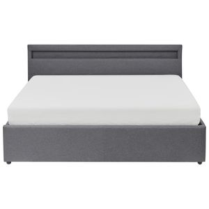 Letto matrimoniale in tedduto grigio scuro con LED 160 x 200 cm con contenitore e ottomana con doghe in legno