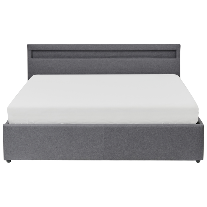 Letto matrimoniale in tedduto grigio scuro con LED 160 x 200 cm con contenitore e ottomana con doghe in legno