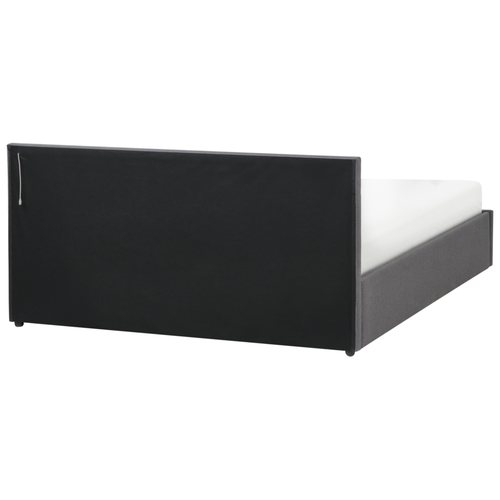 Letto matrimoniale in tedduto grigio scuro con LED 160 x 200 cm con contenitore e ottomana con doghe in legno