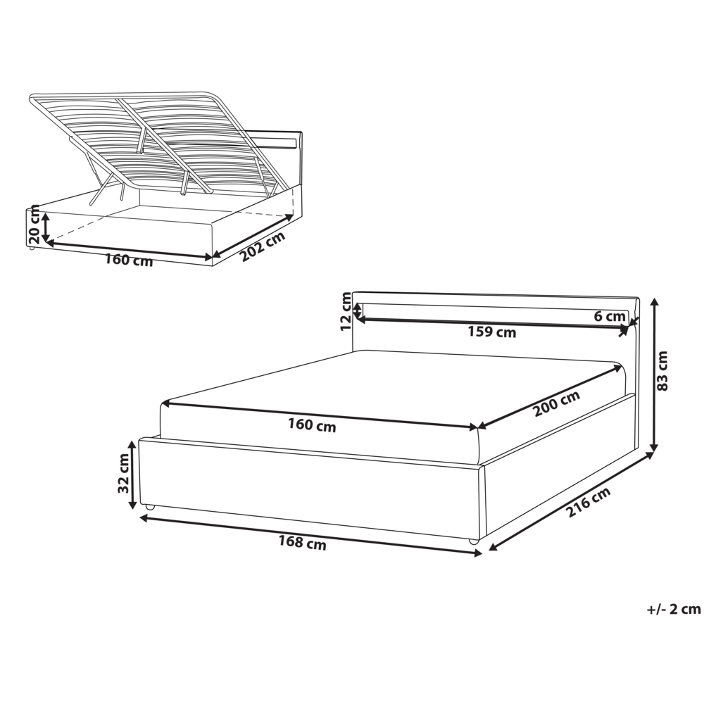 Letto matrimoniale in tedduto grigio scuro con LED 160 x 200 cm con contenitore e ottomana con doghe in legno