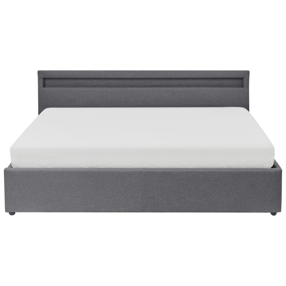 Letto matrimoniale in tedduto grigio scuro con LED 180 x 200 cm con contenitore e ottomana con doghe in legno