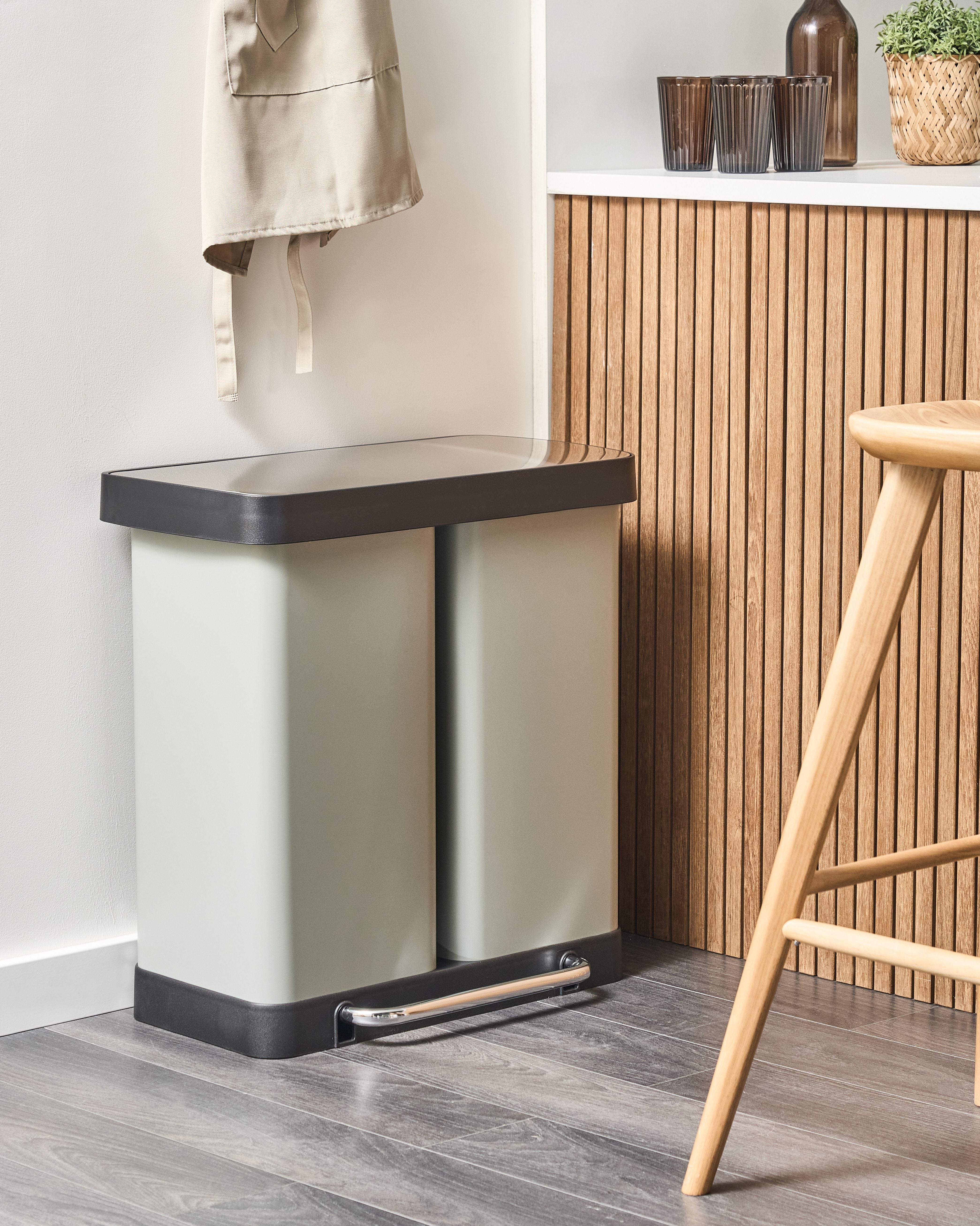 Cestino doppio con pedale e coperchio metallo Materiale sintetico Verde Chiaro Cucina moderna Riciclabile