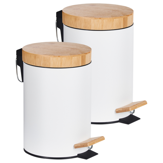 Set moderno di 2 cestini per rifiuti con pedale e coperchio per la cucina Ferro riciclabile verniciato a polvere Legno di bambù Materiale sintetico a prova di impronte digitali bianco