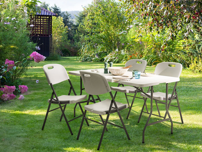 Tavolo da pranzo da giardino in materiale sintetico bianco 152 x 74 cm 4 posti a sedere rettangolare pieghevole gambe in metallo Minimalista